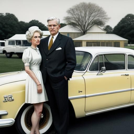 Grandparentcore Couple with Car in Vintage Portrait