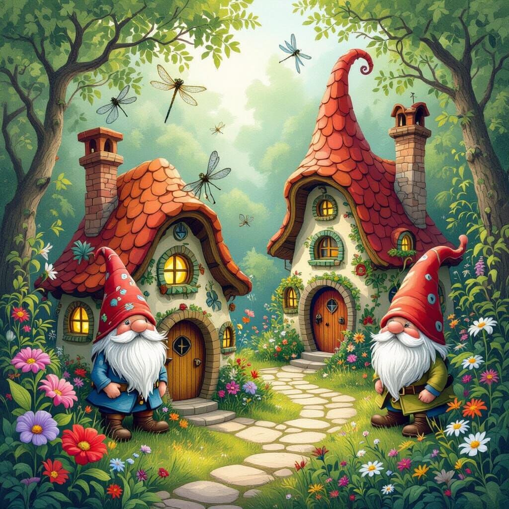 Enchanting Gnome Village with Dragonflies in a Fantasy Style