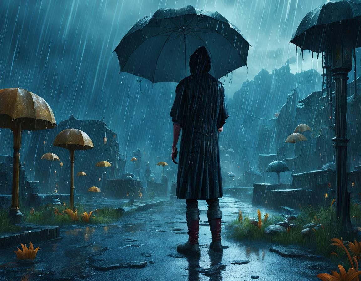 Sad Figure in Rain: Detailed Fantasy Matte Painting
