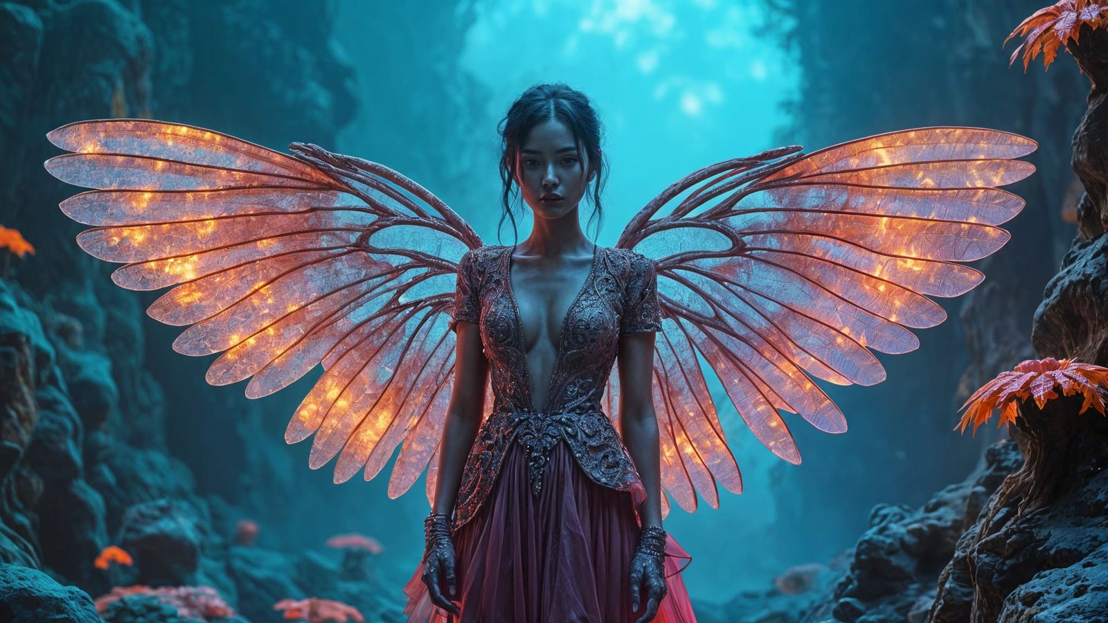 Haute Couture Model with Iridescent Wings in Surreal Alien L...
