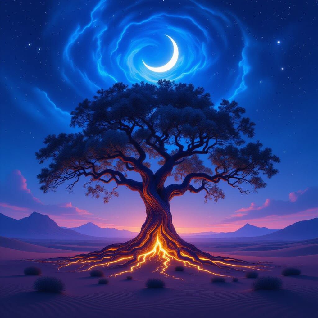 Ancient Tree with Glowing Roots in Starlit Desert