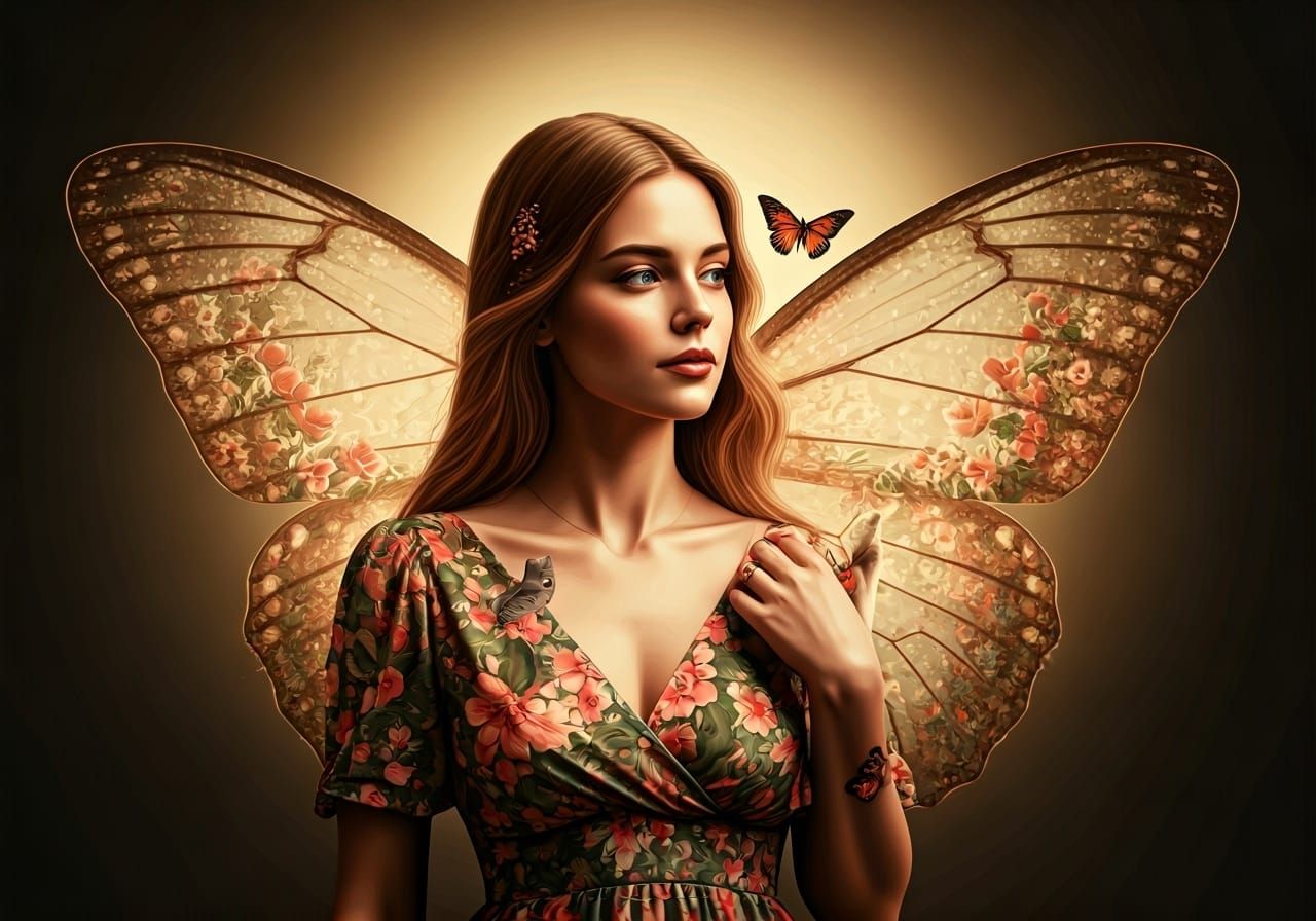 Floral Woman with Butterfly Fairytale, Digital Painting