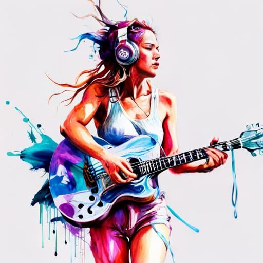 Girl Plays Guitar by Lake, Splash Art Style