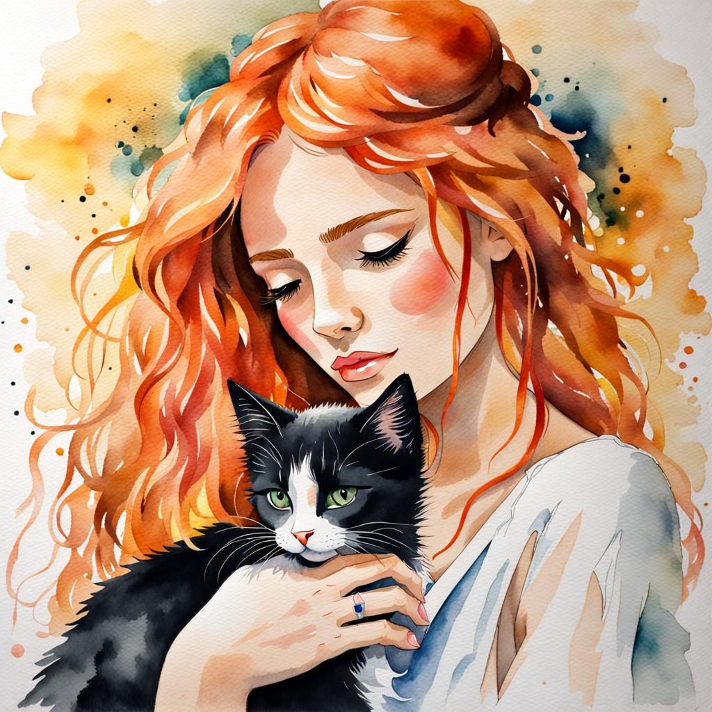 Watercolor Painting: Woman Hugging Kitten