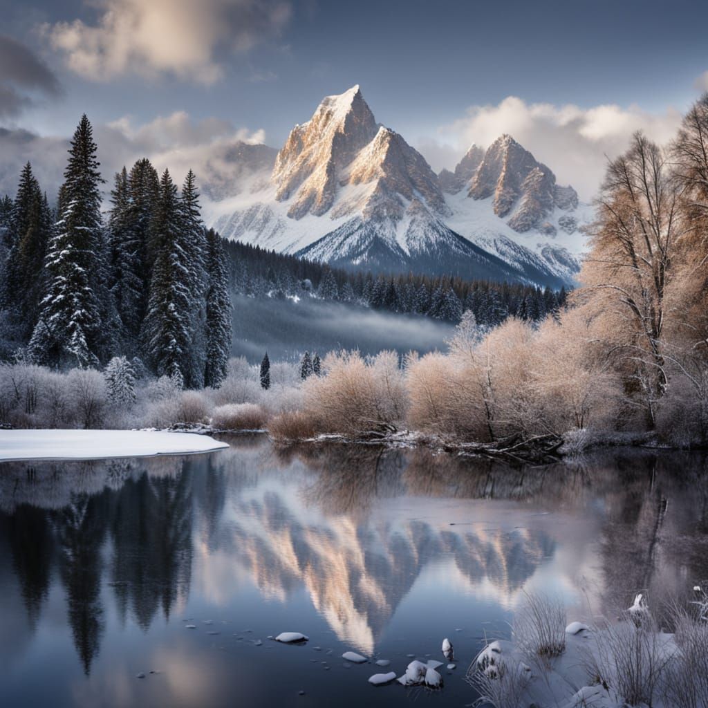 Panoramic Snowy Mountain Landscape in Photorealistic Style