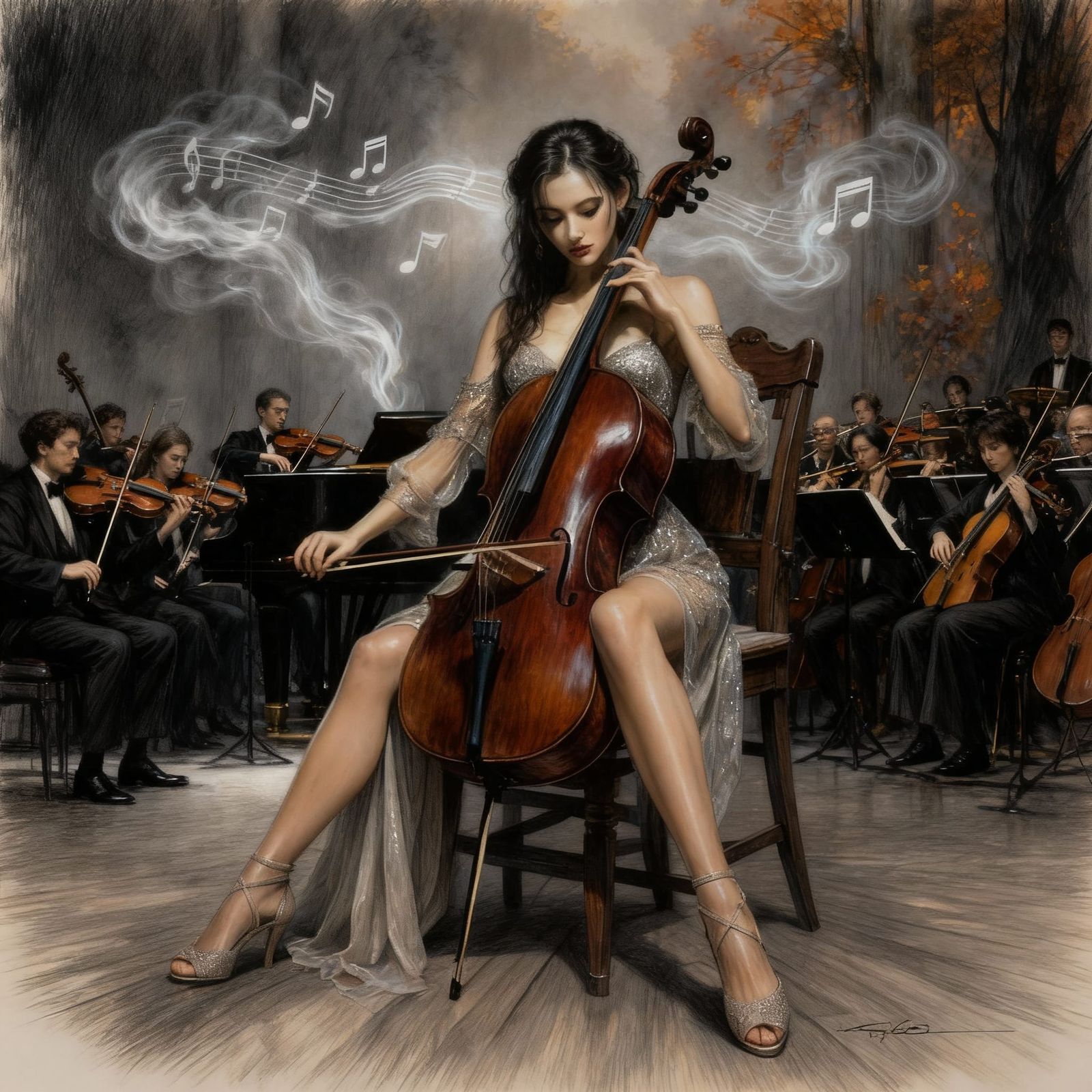 Dark Fantasy Cellist in Sequin Dress, Pencil and Oil