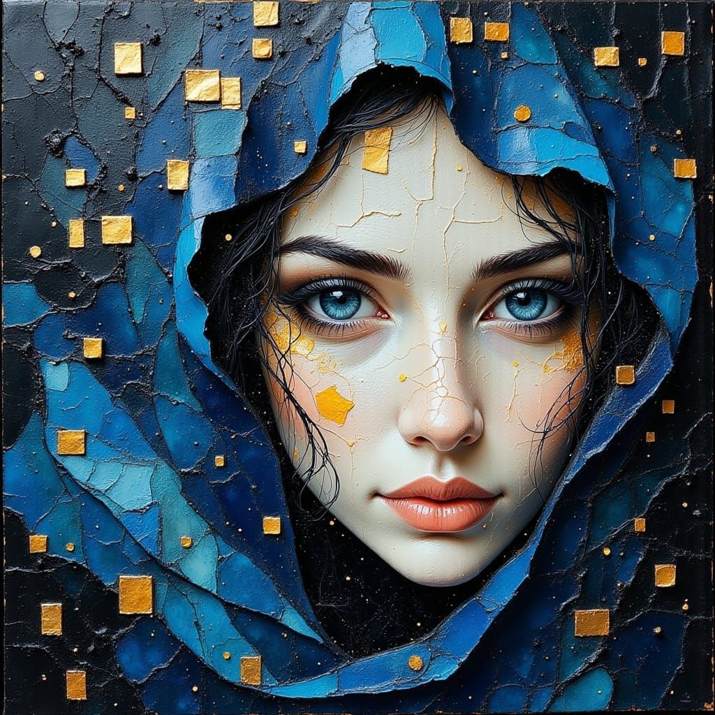 Ethereal Woman With Blue Eyes Amidst Abstract Collage