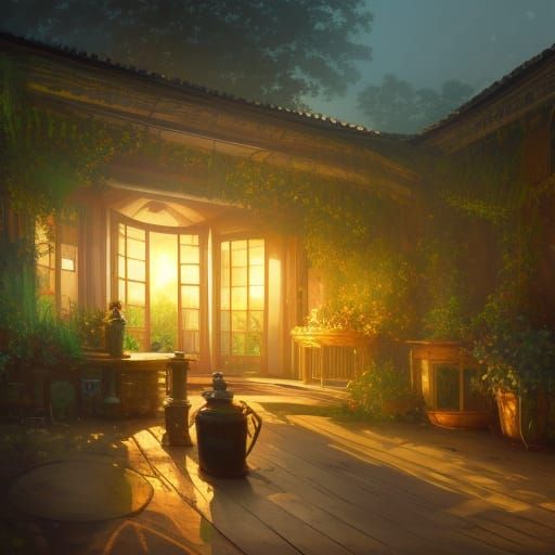 Nighttime Plantation Library in Art Nouveau Style