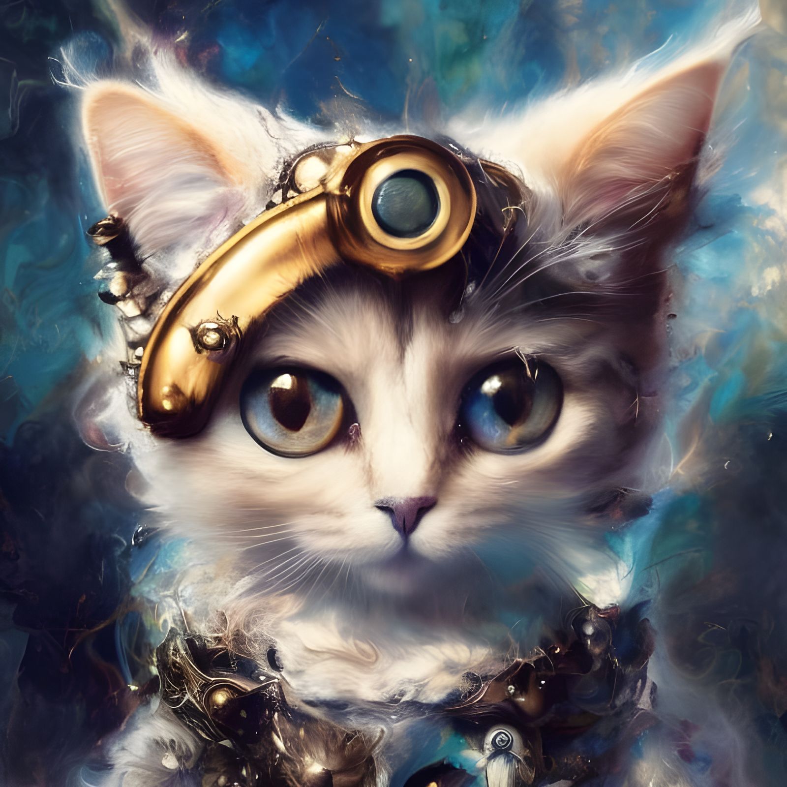Adorable Steampunk Cat Portrait in Detailed Gouache Style