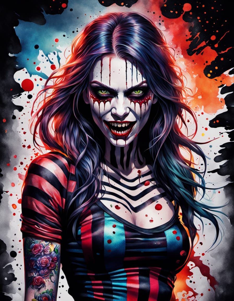 Striking Tattooed Vampire in Watercolor Splash Art