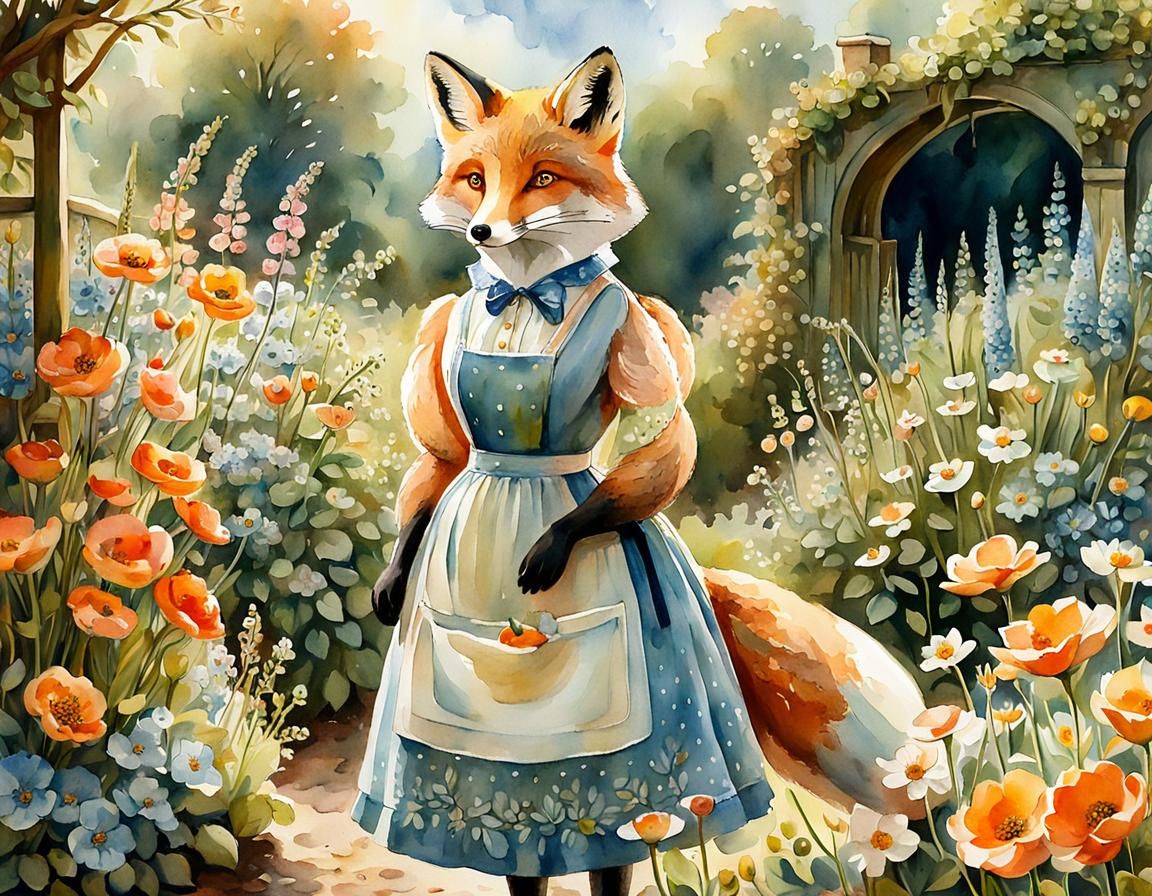 Fox in Dress in Garden, Beatrix Potter Style