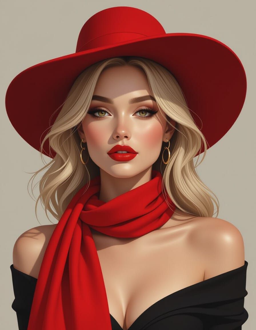 Woman in Red Hat and Scarf, Digital Painting