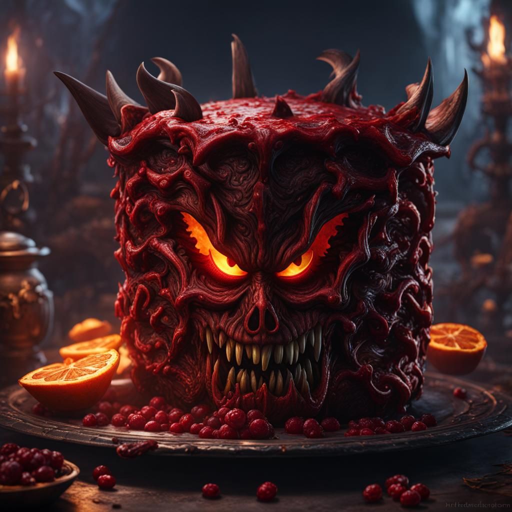 Demonic Pie, evil face, detailed matte painting, deep color, fantastical, intricate detail, splash screen, complementary...