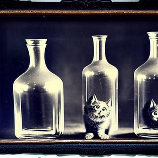 Creepy Cute Kittens in Dusty Jars Still Life