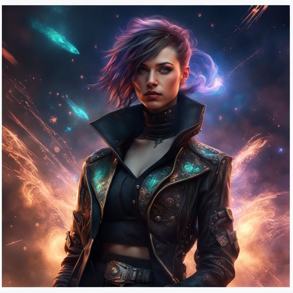 Cyberpunk Assassin Portrait with Steampunk Magic and Stars