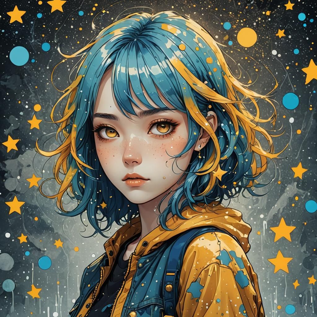 Blue-Haired Girl Art Print in Manga Style