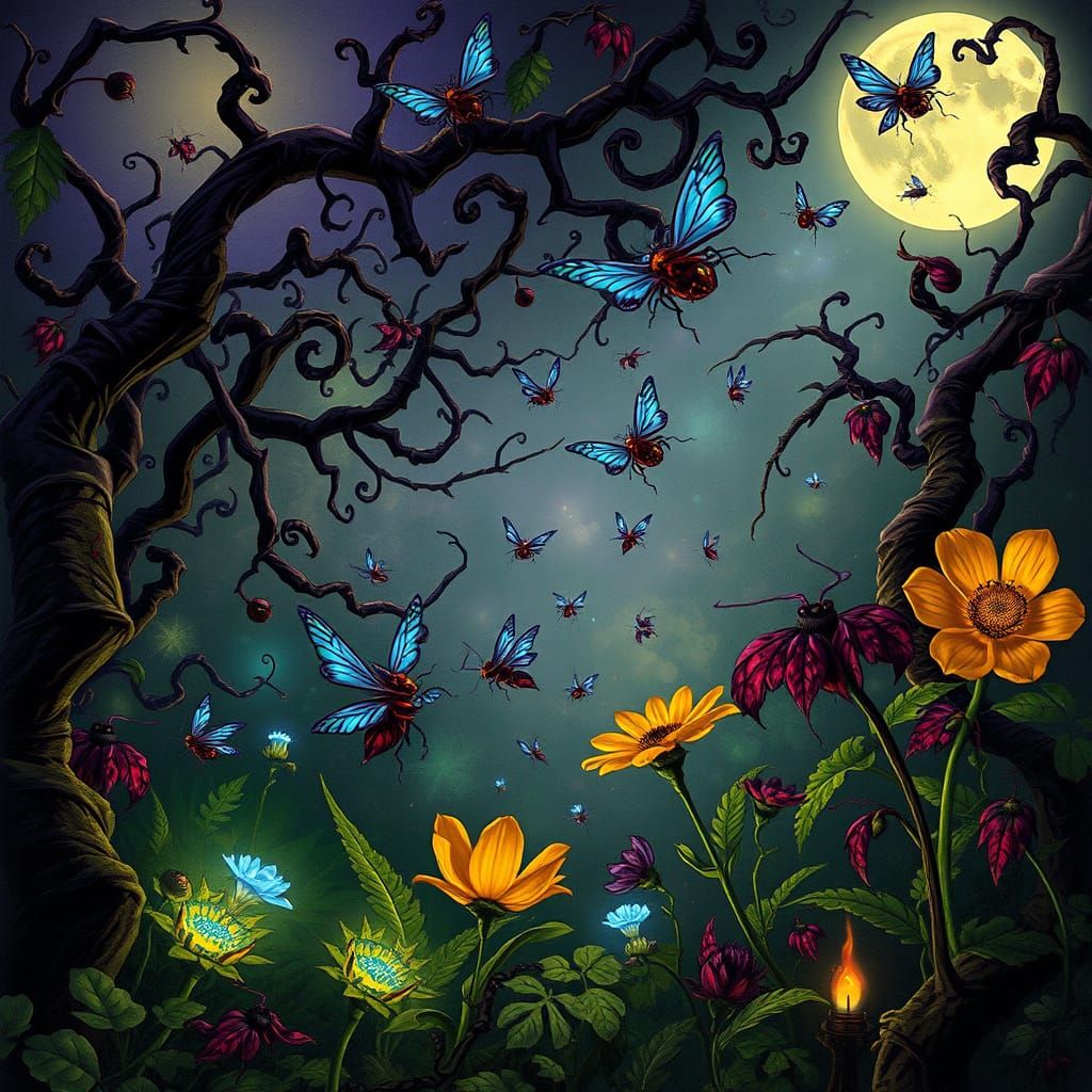 Eerie Moonlit Garden in Art Nouveau Style