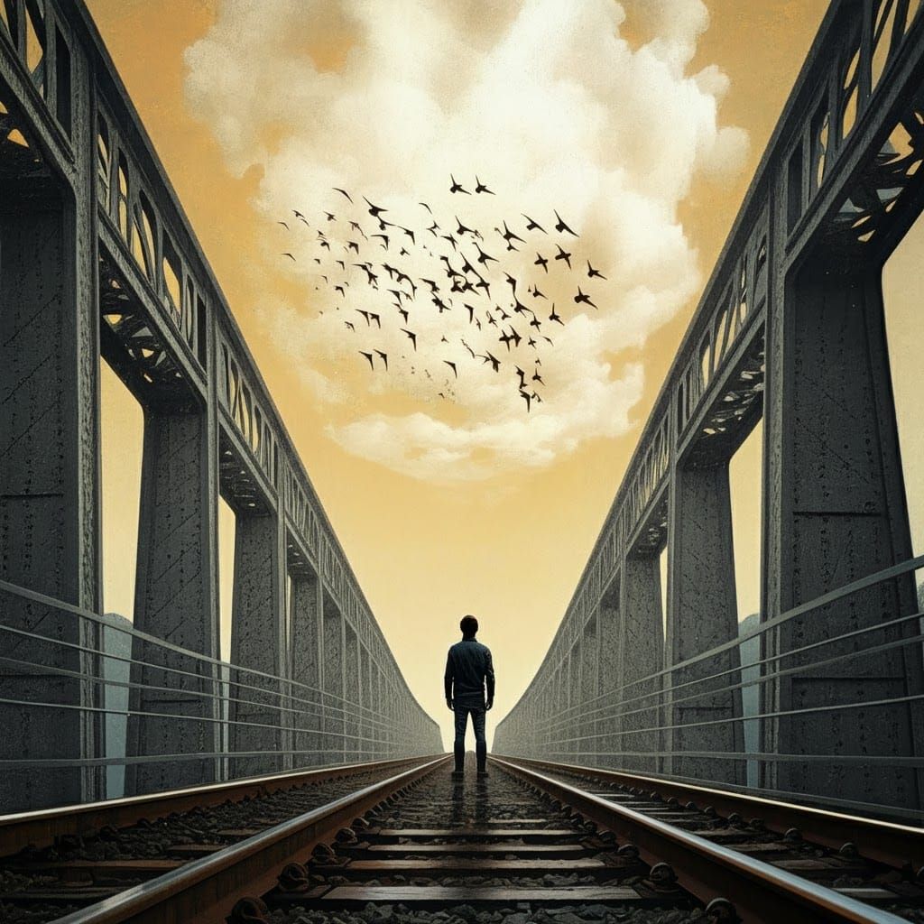 Man Gazing at Birds in Surreal Medieval Style