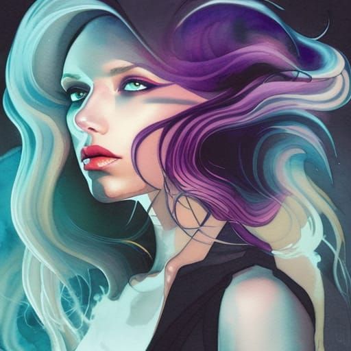 Black Widow Watercolor Synthwave Portrait