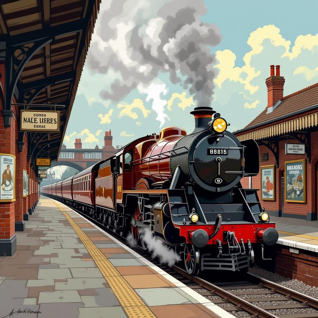Vintage Steam Train at 1940s Railway Station