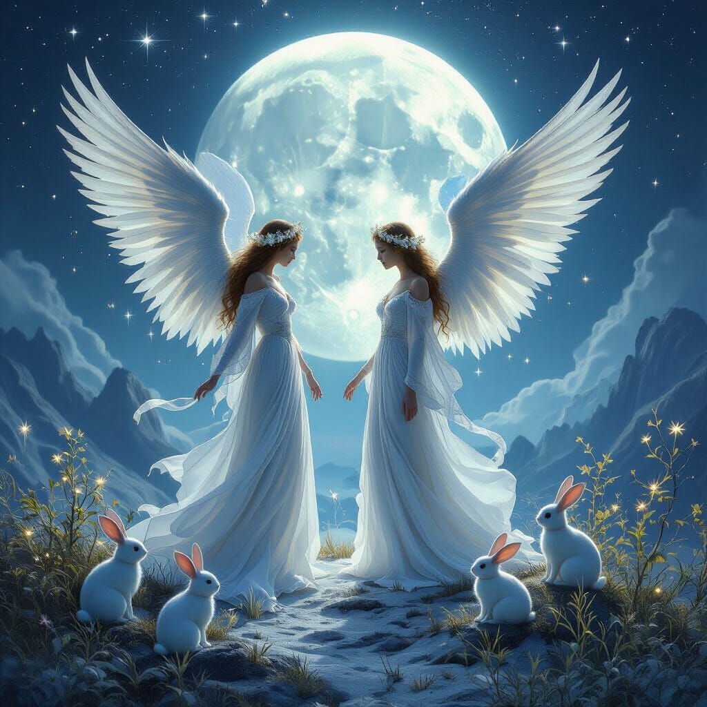 Angels Descend on Moon with Rabbits and Laurels in Fantasy A...