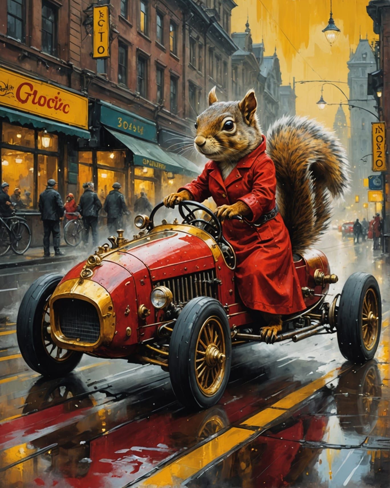Steampunk Squirrel in Red Dress Driving Car