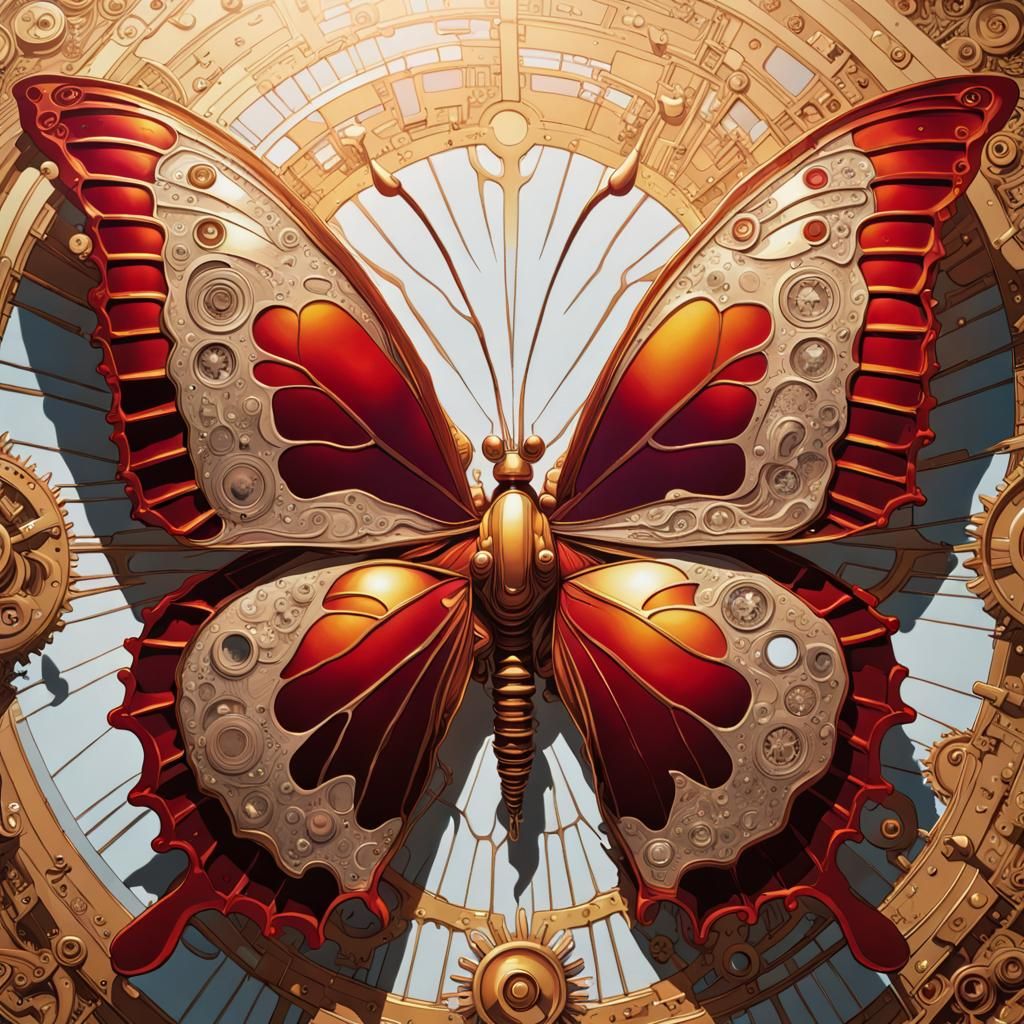 Steampunk Butterfly Metallic Artwork in Gold and Red