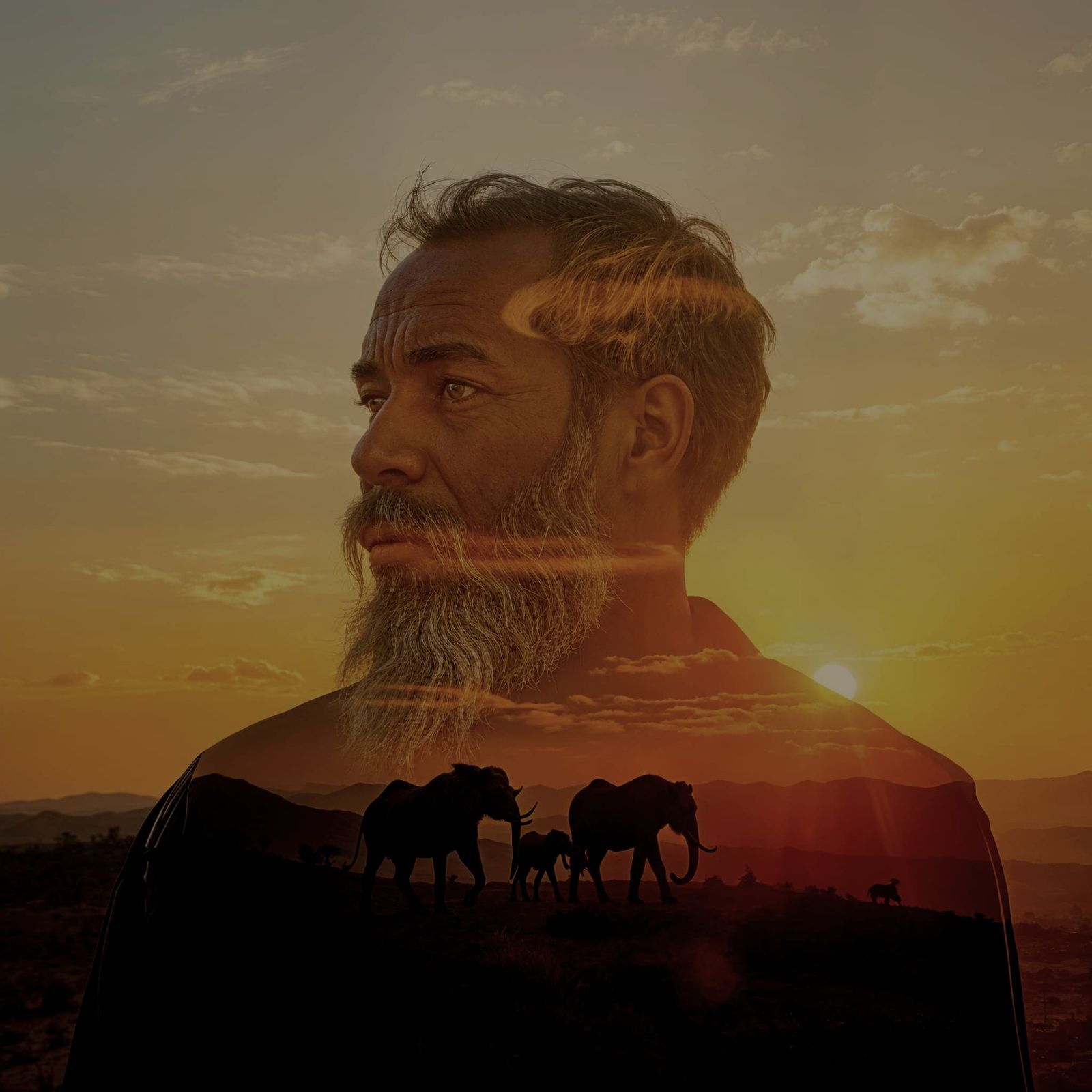 African Landscape Silhouette in Double Exposure Style