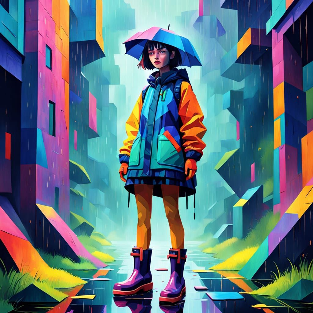 Cubist Character in Rainboots with Geometric Fauvism