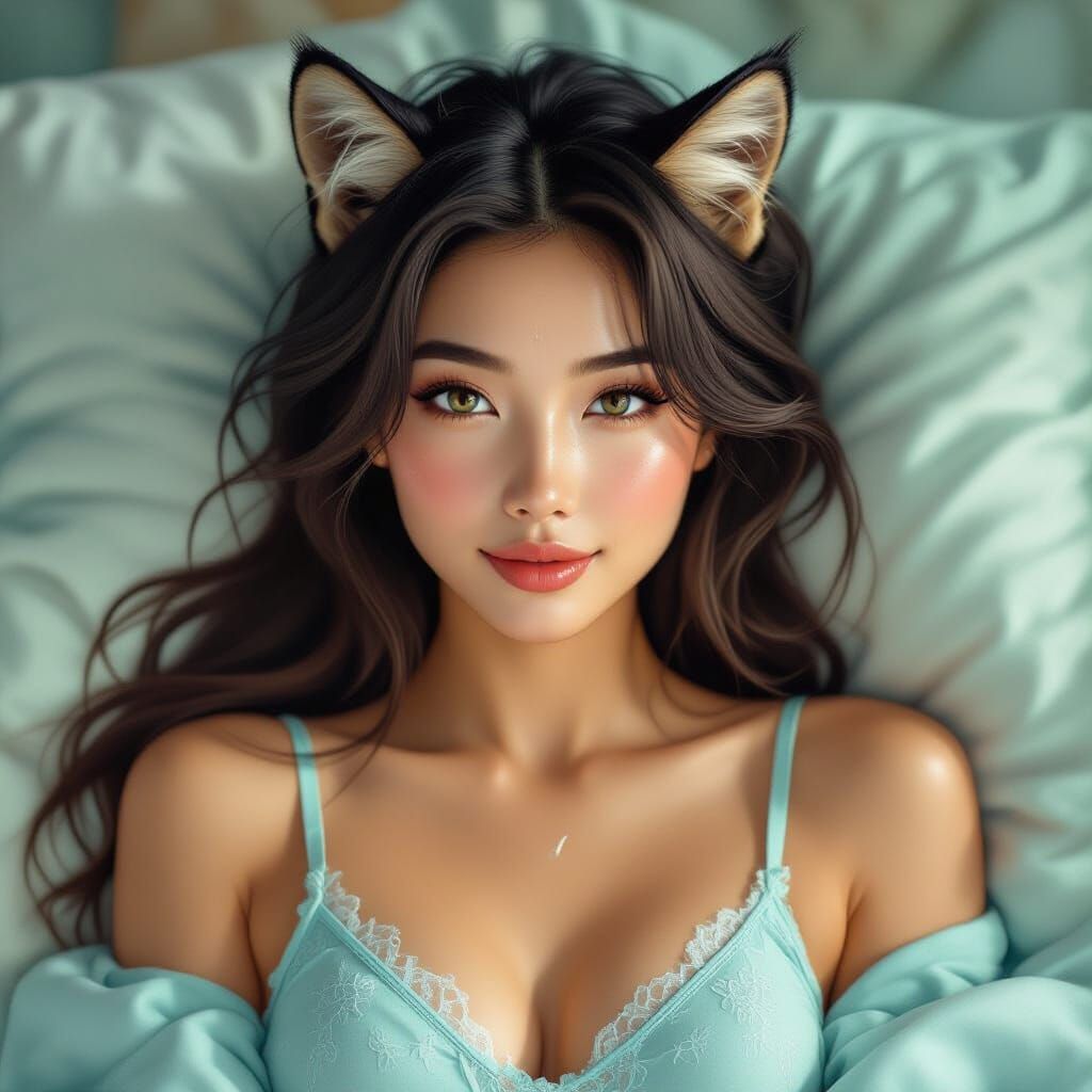 Athletic Woman with Feline Features in Bed