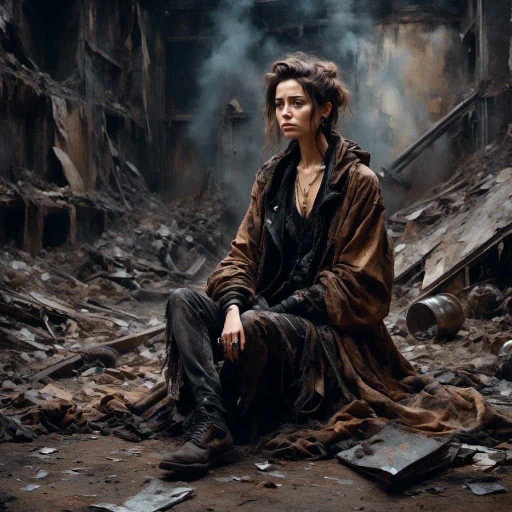 Luminous Watercolor of a Scruffy Woman in Ruins