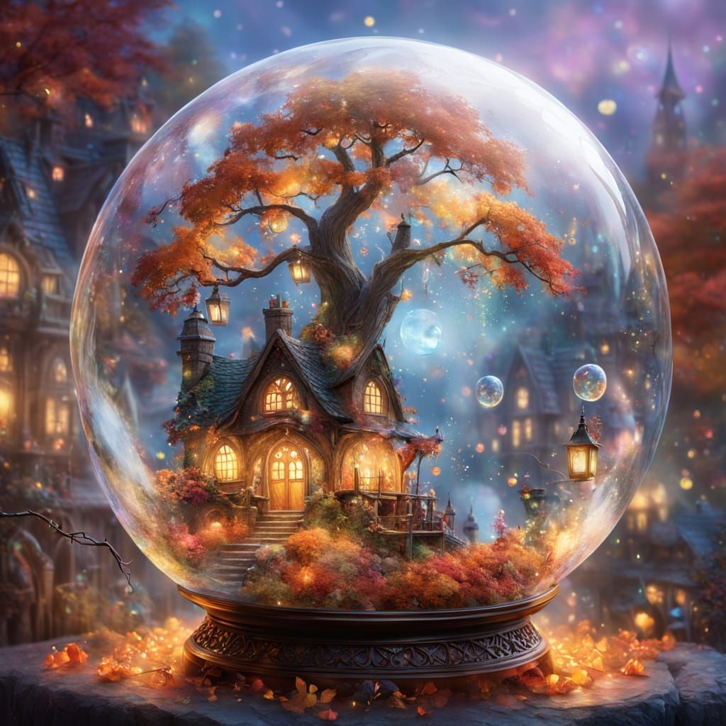 Glass Bubble With Fairy Lights Capturing Fall Scene