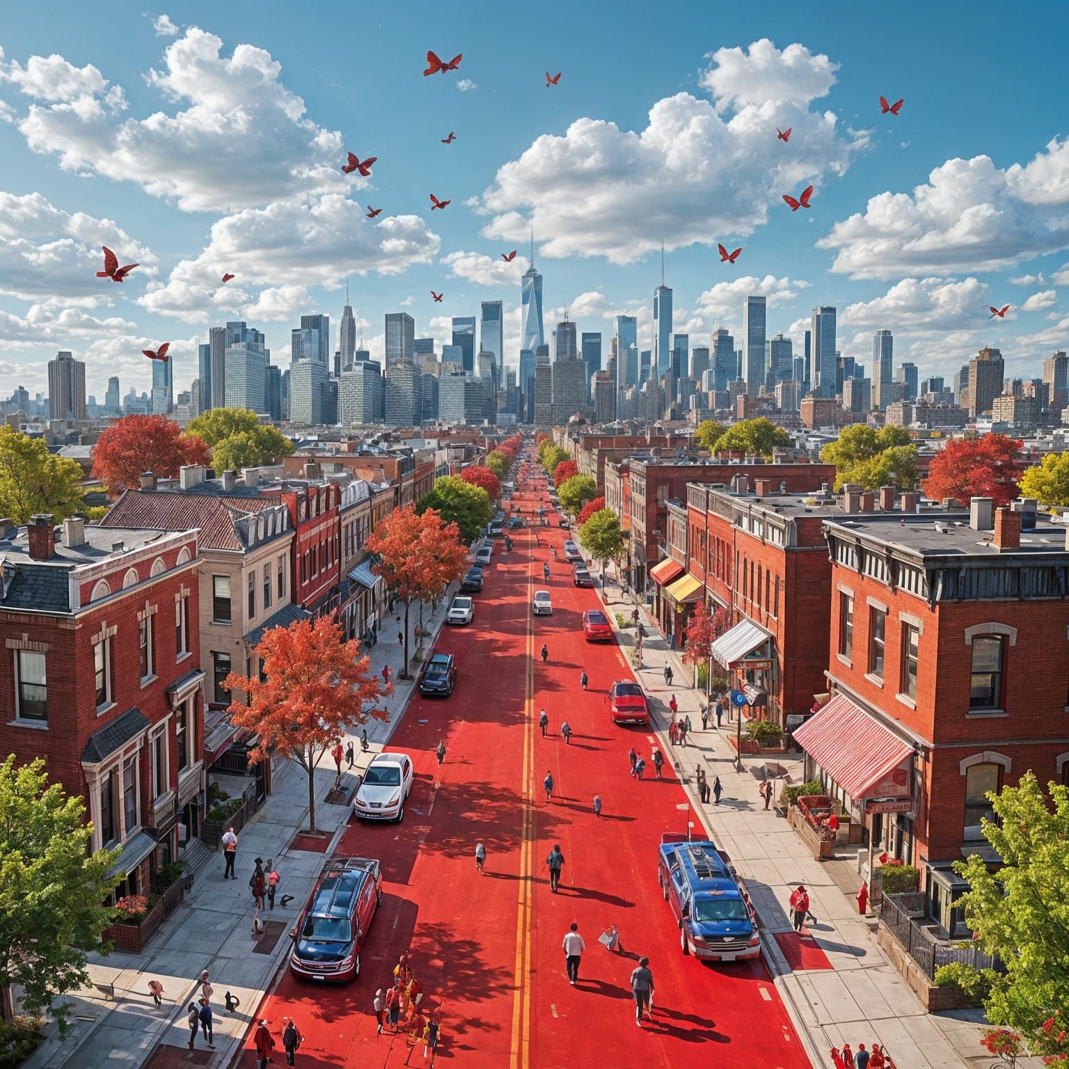 Hyperrealistic Red Cityscape Under Bright Blue Sky