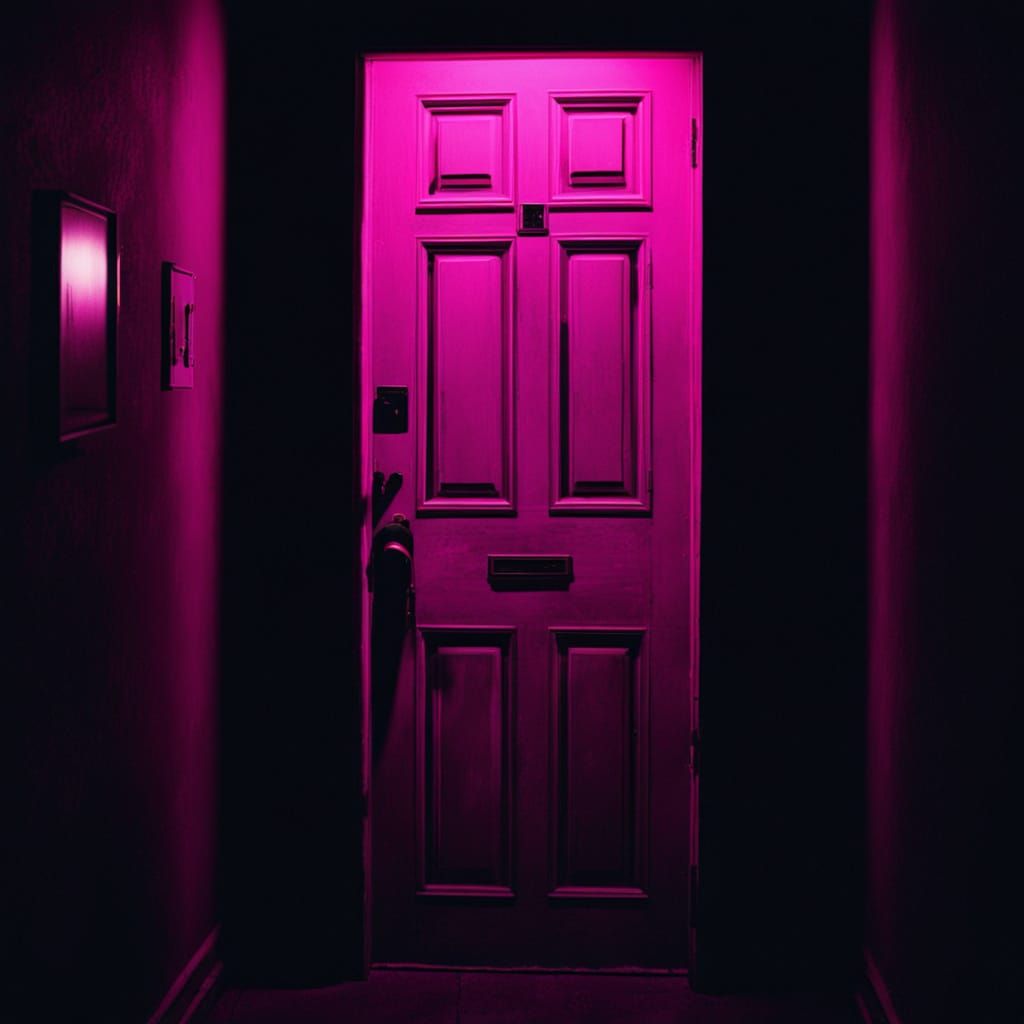 Neon Pink Door in Dark Hallway: Film Noir Still