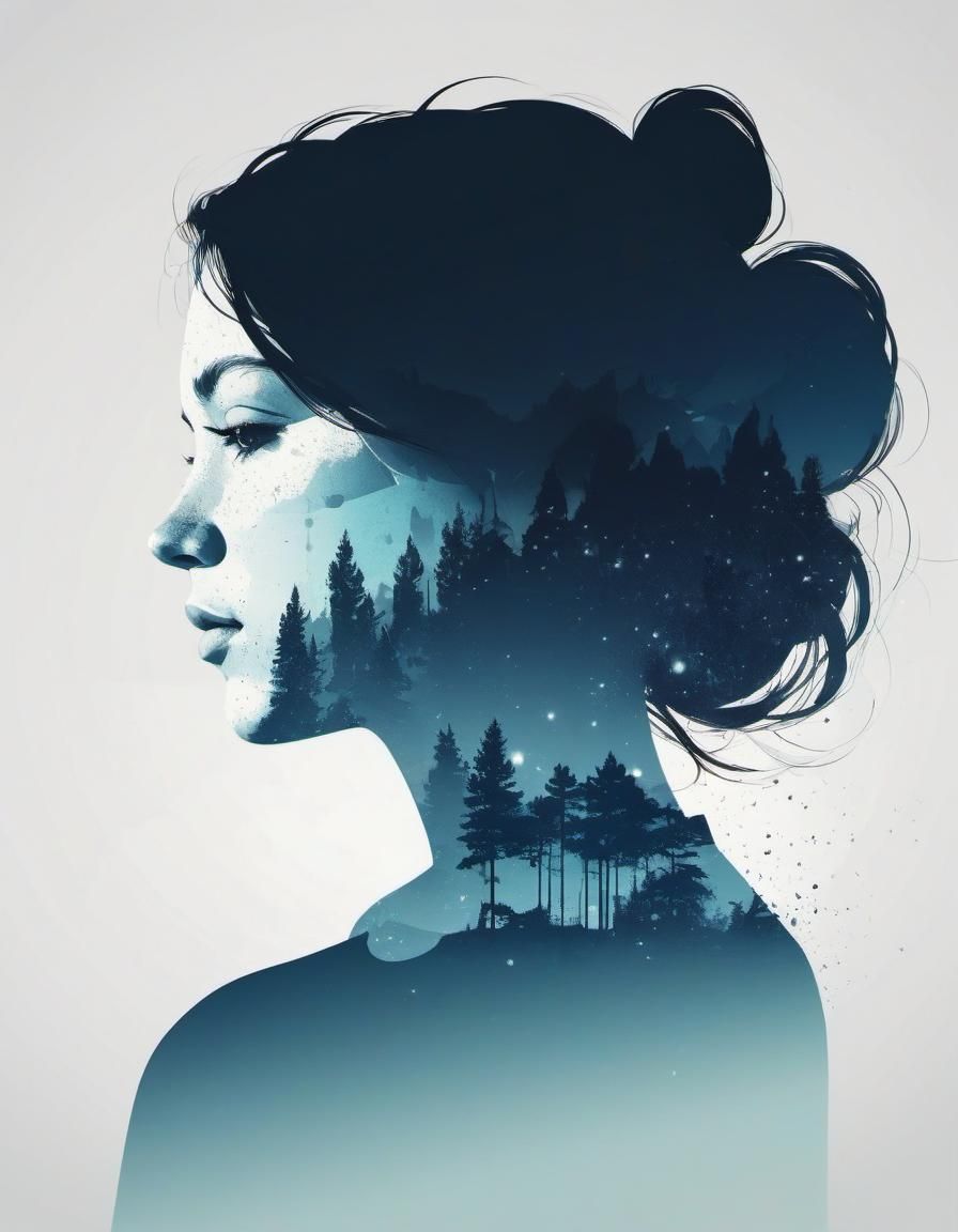 Double Exposure Female Silhouette in Minimalist Vector Art