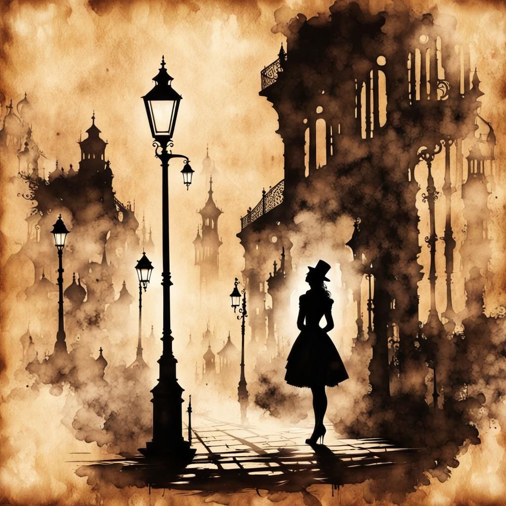 Steampunk Silhouette: Ink Painting on Vintage Paper