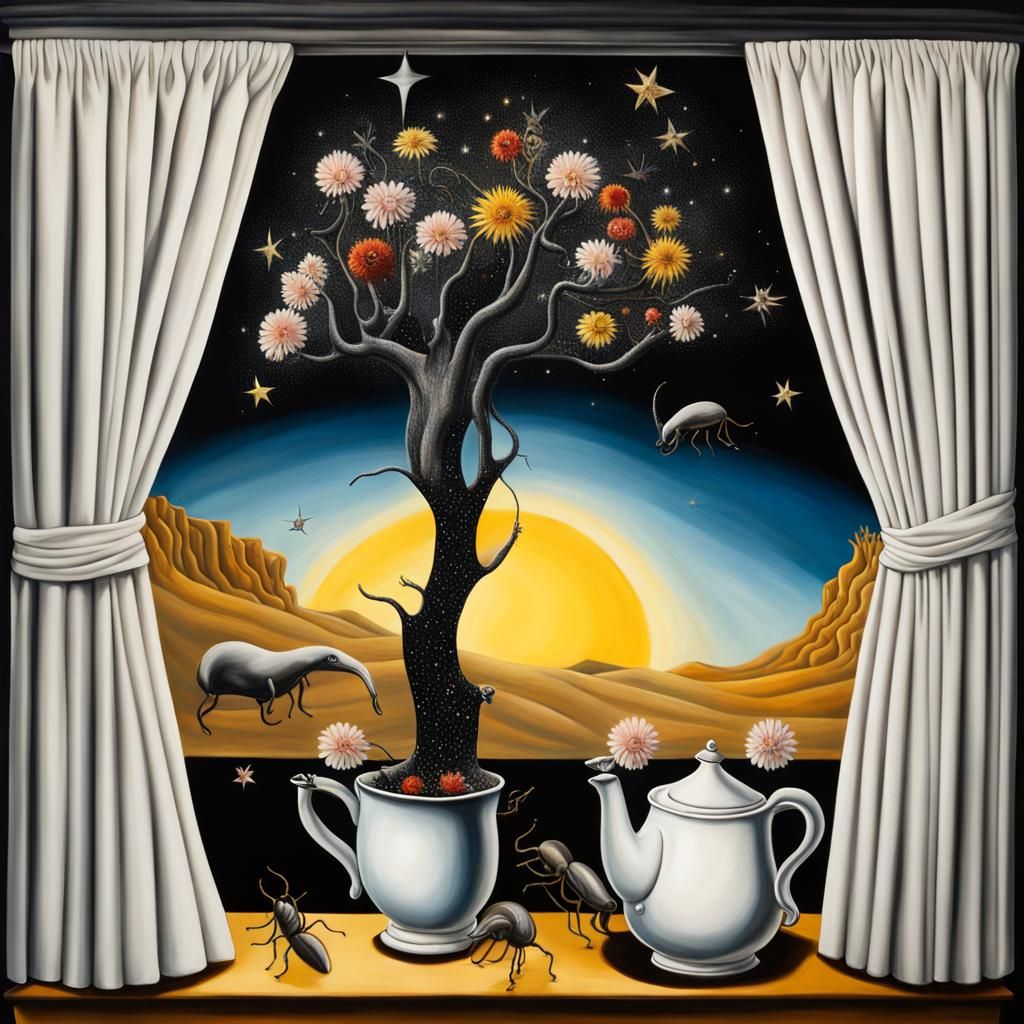 Surreal Anteater with Teapots and Upside-Down Tree