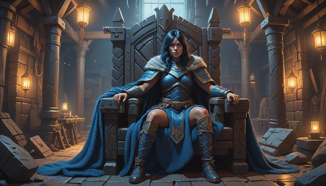Regal Blue Barbarian Queen in Viking Longhouse