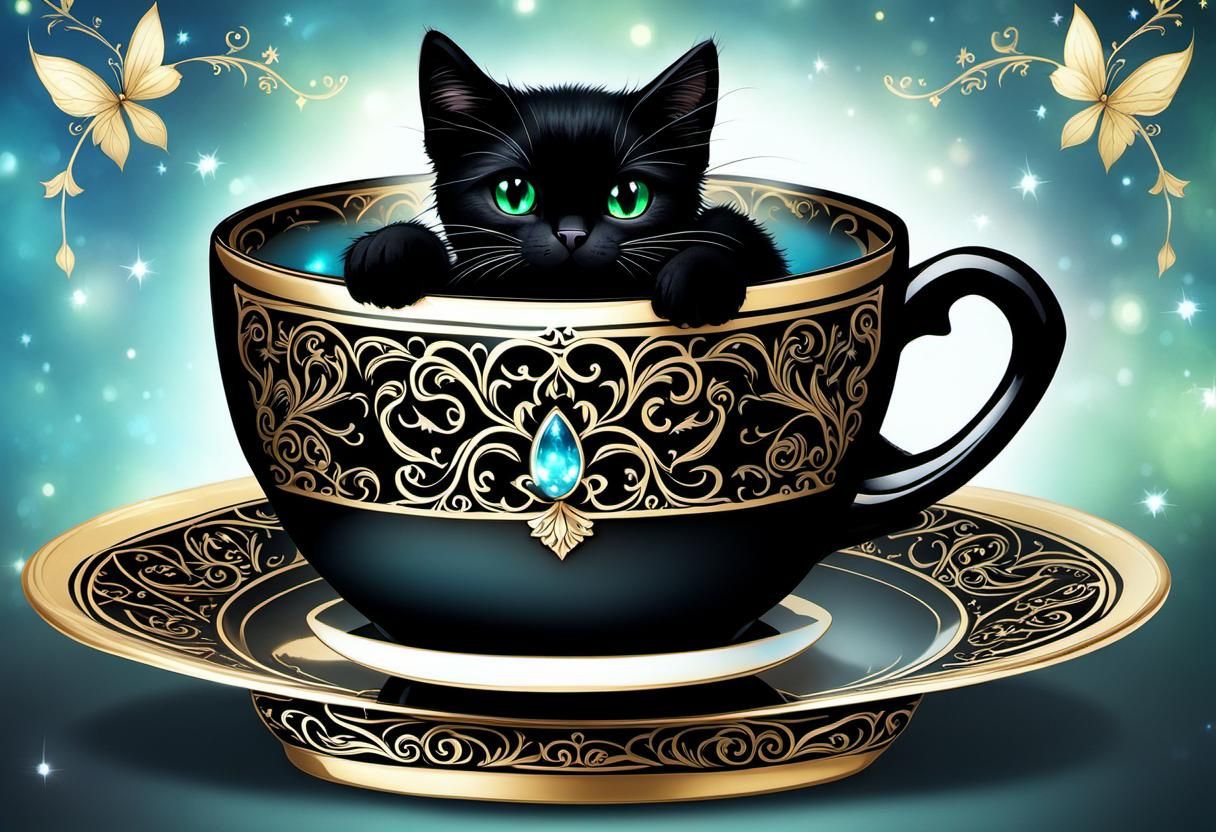 Black Cat in Enchanted Fairycore Teacup