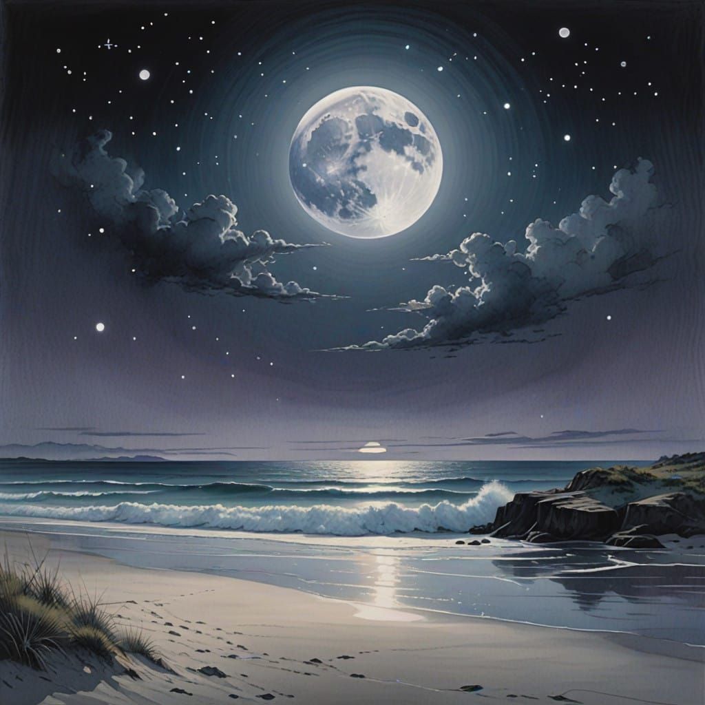 Ethereal Beachscape Under Full Moonlight