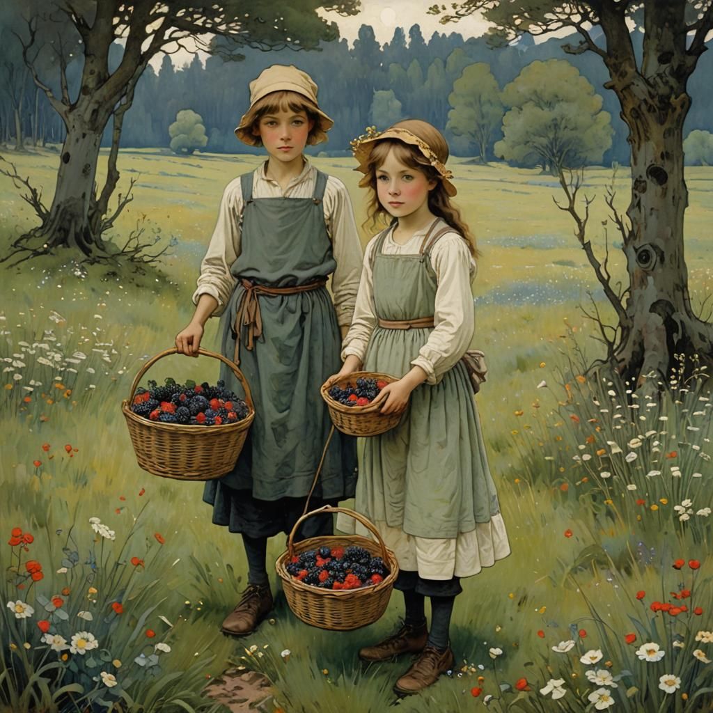 Brother and Sister Gathering Berries in Meadow