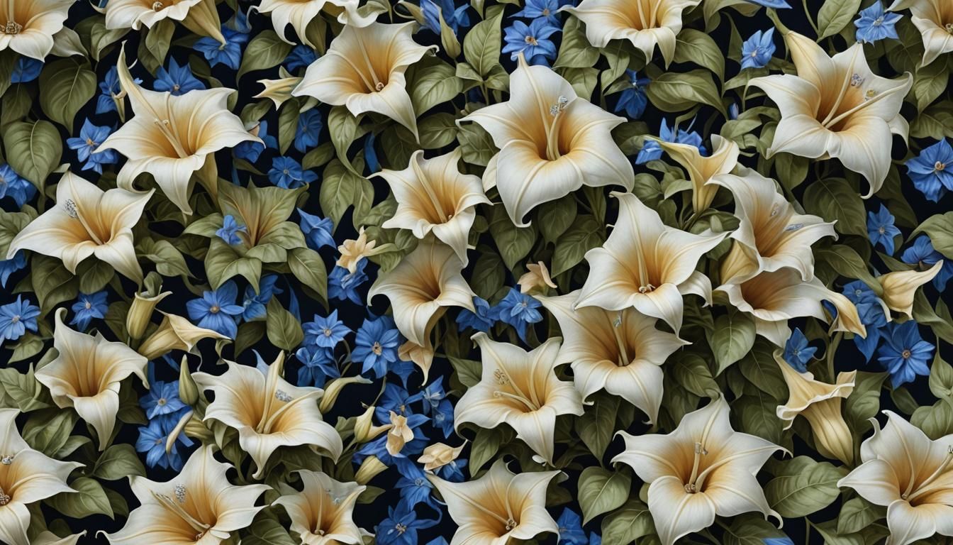 Hyperrealistic Brugmansia Bush with Blue Flowers