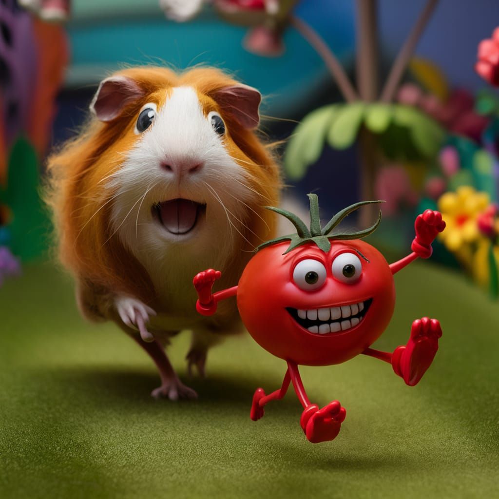 Googly-Eyed Guinea Pig Chasing a Hilarious Tomato