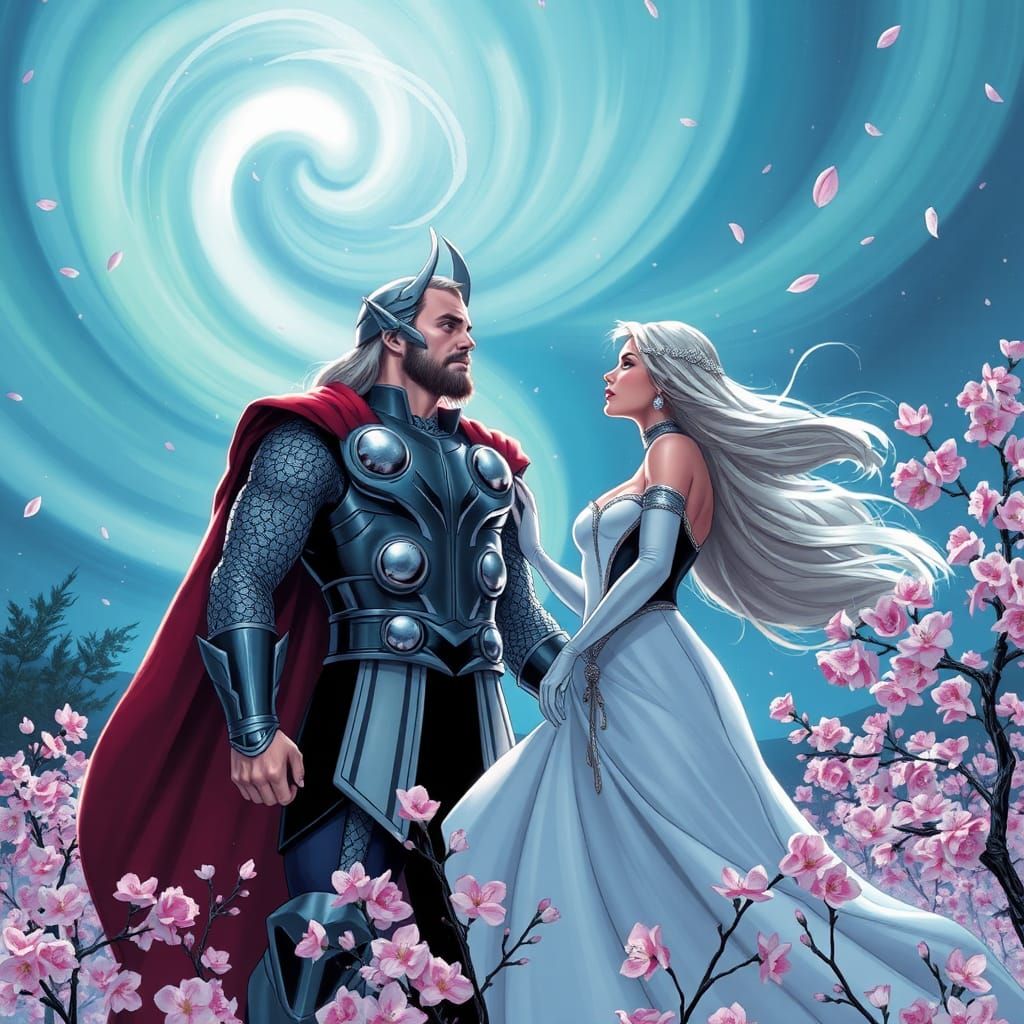 Thor and Emma Frost in Cherry Blossom Field