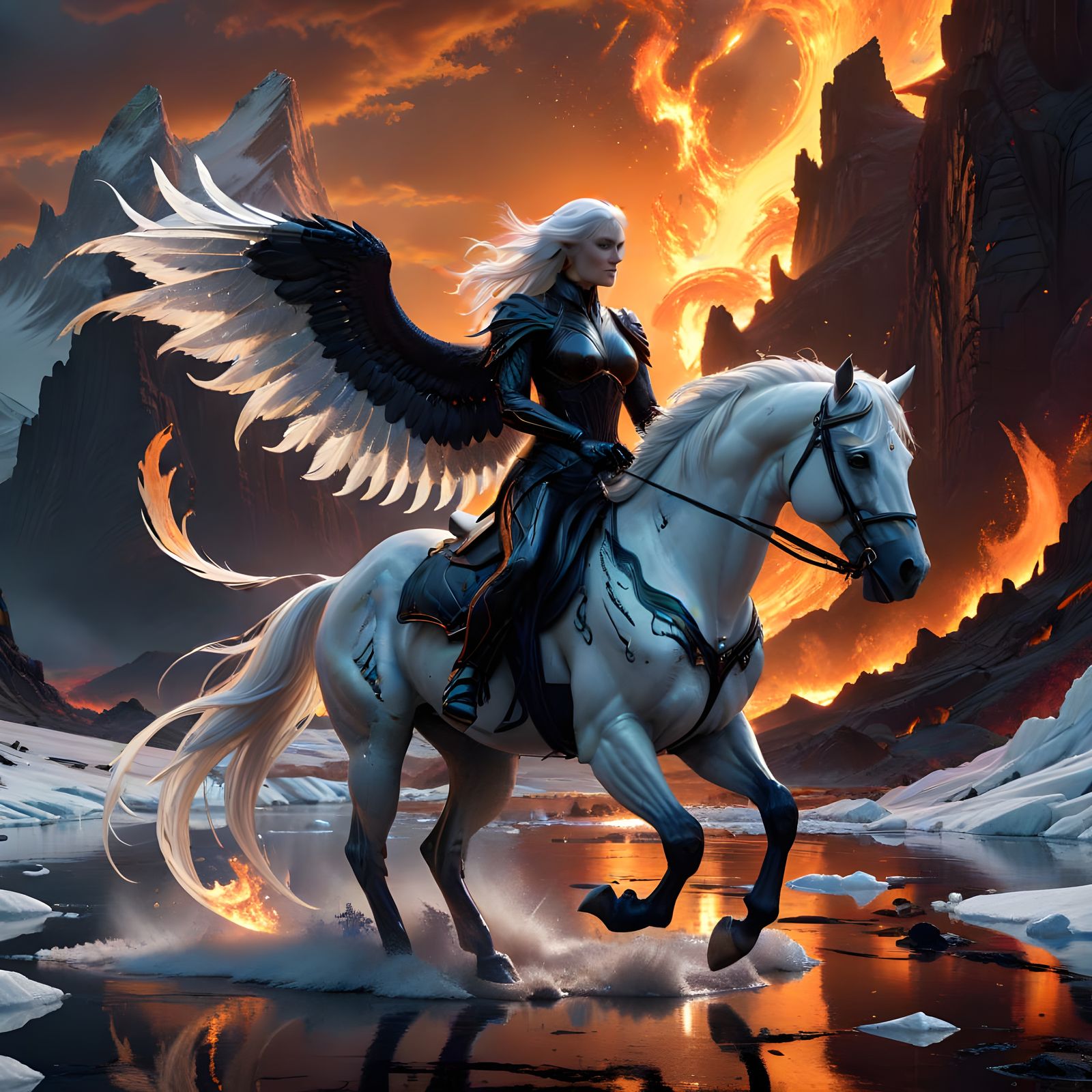 Angel on Fiery Steed Amidst Icy Mountains
