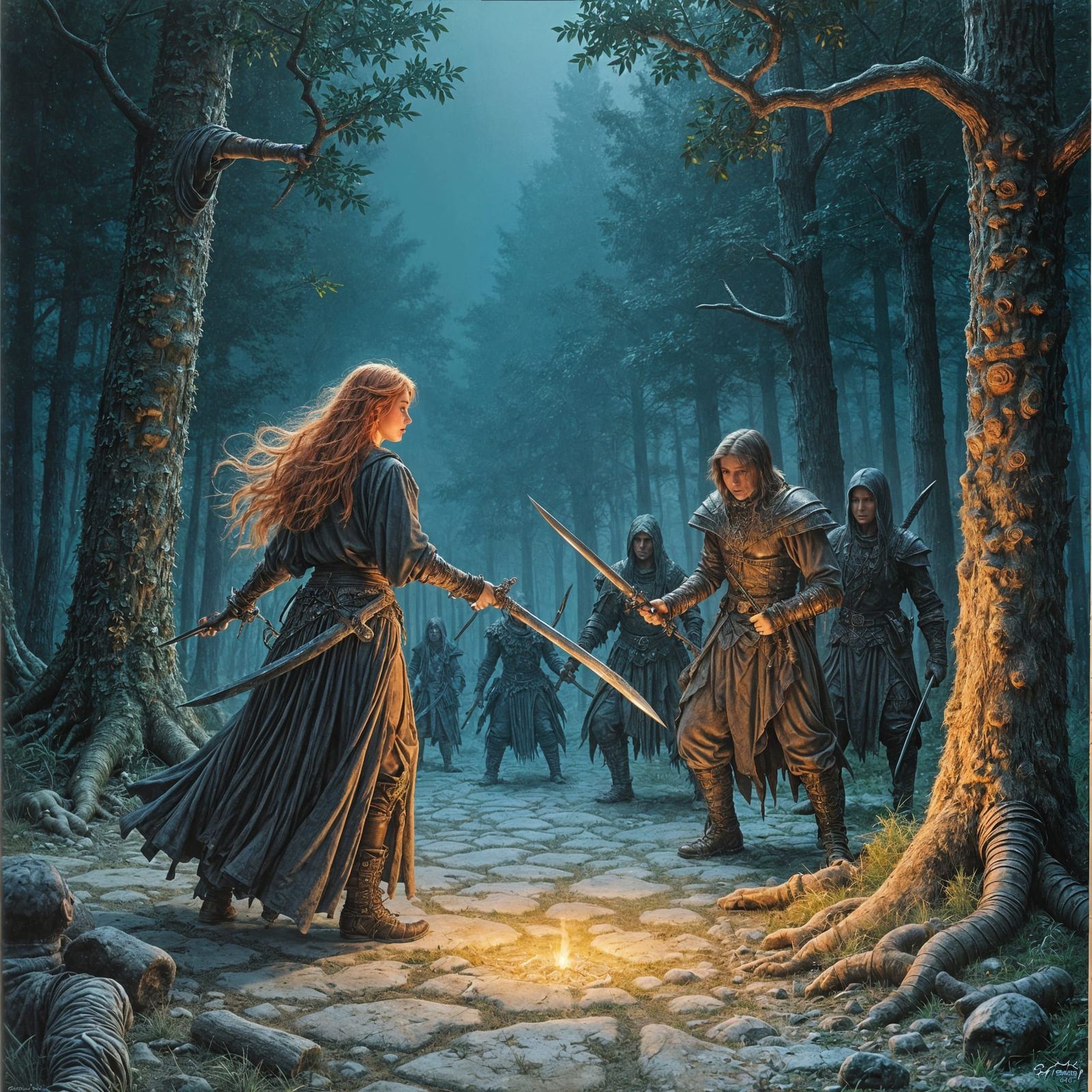 Ginger Witch Battle: Dark Fantasy Illustration