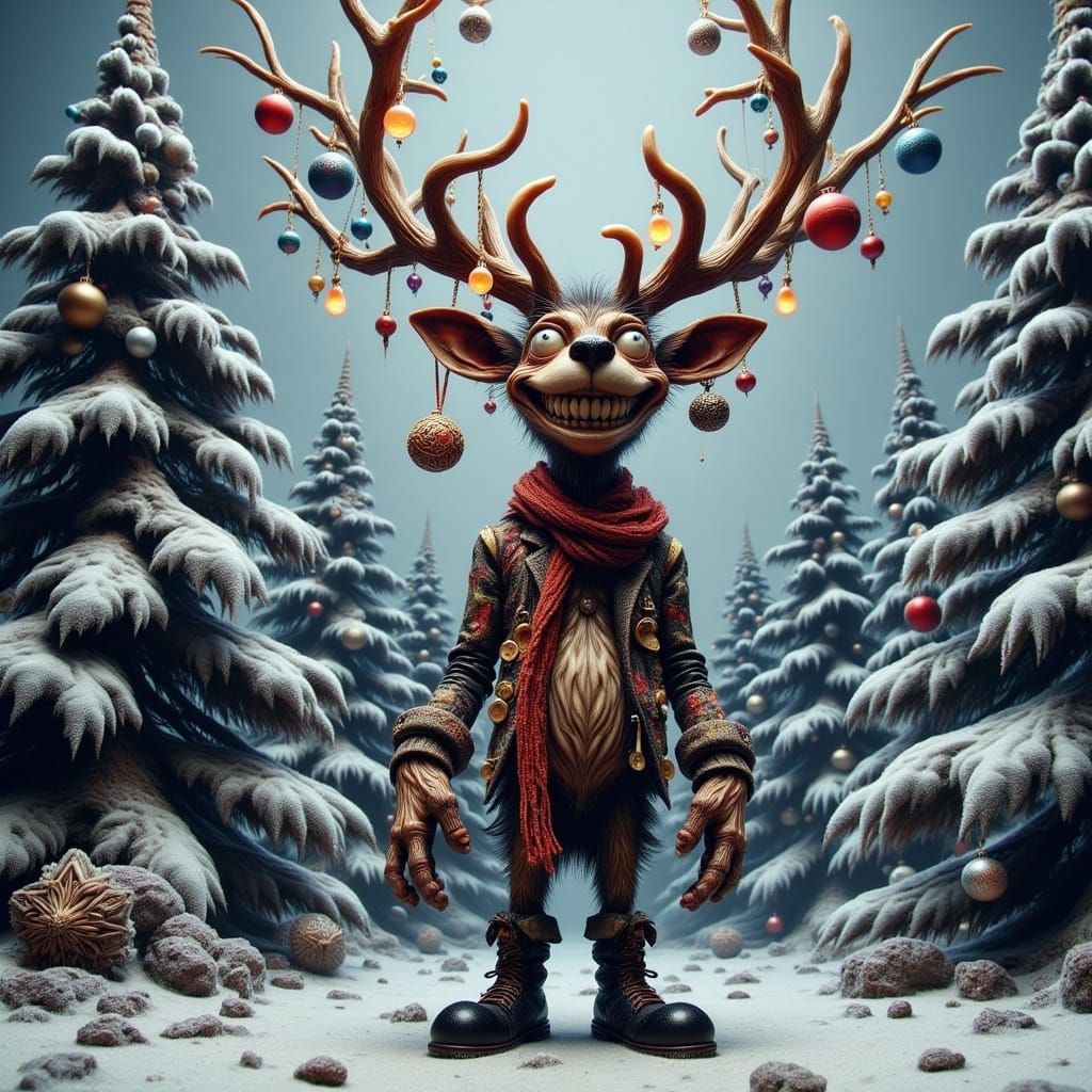 Whimsical Reindeer in Burtonesque Style with Christmas Light...