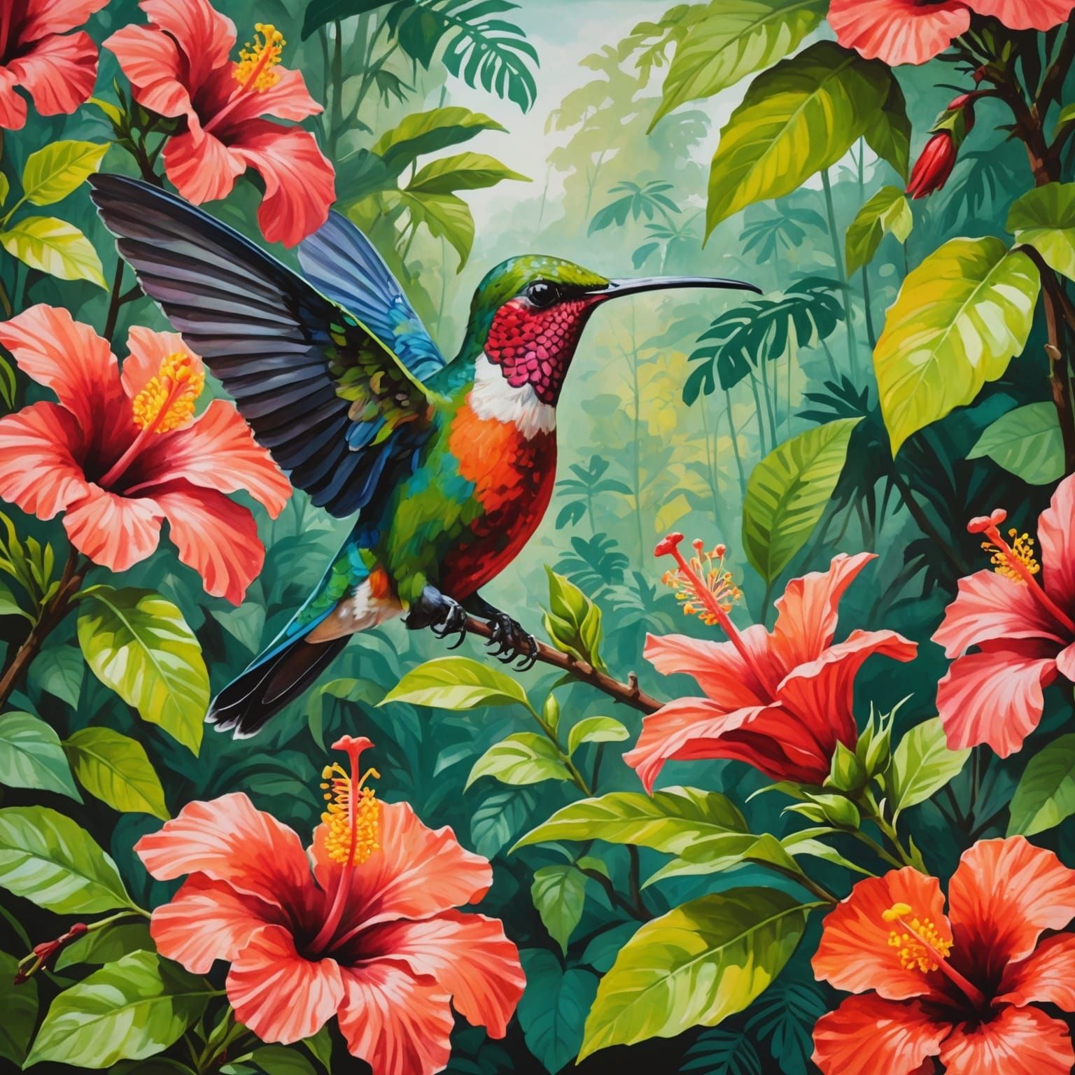 Hummingbird and Hibiscus in Gouache Watercolor Style