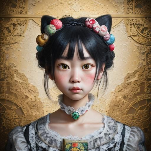 Hello Kitty as Rococo Maneki Neko in Impasto