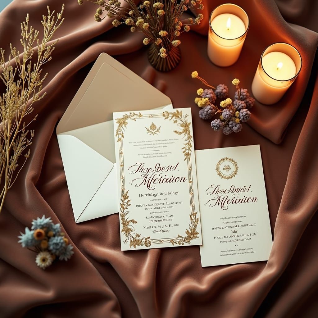 Elegant Wedding Invitation Flat Lay in Matte Painting Style